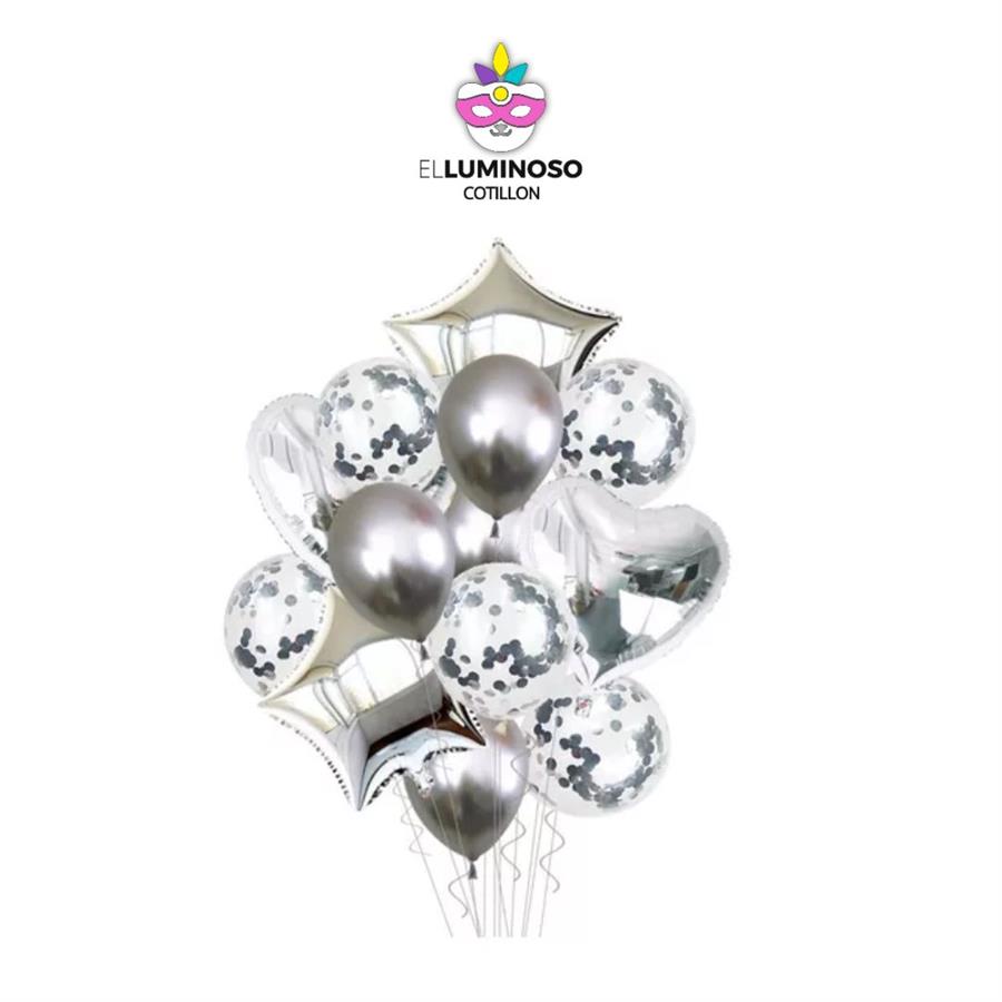 KIT 14 GLOBOS KONFETTI PLATEADO