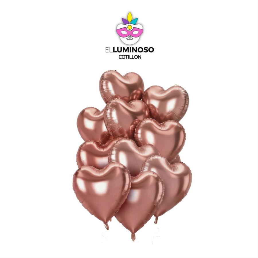 KIT 10 GLOBOS CORAZON ROSA GOLD DE 40CM