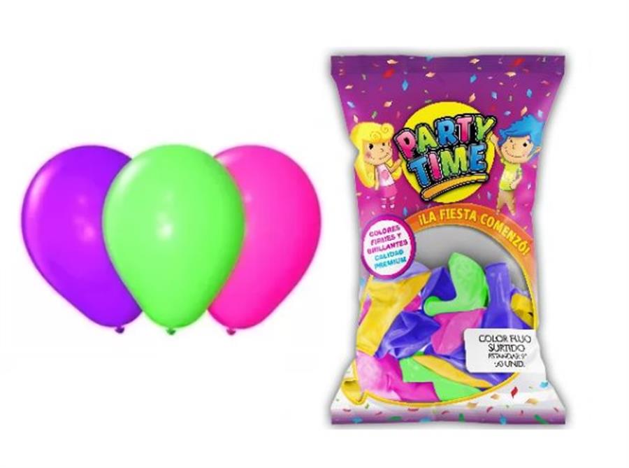 GLOBO 9P PARTY TIME FLUO SURTIDO X25